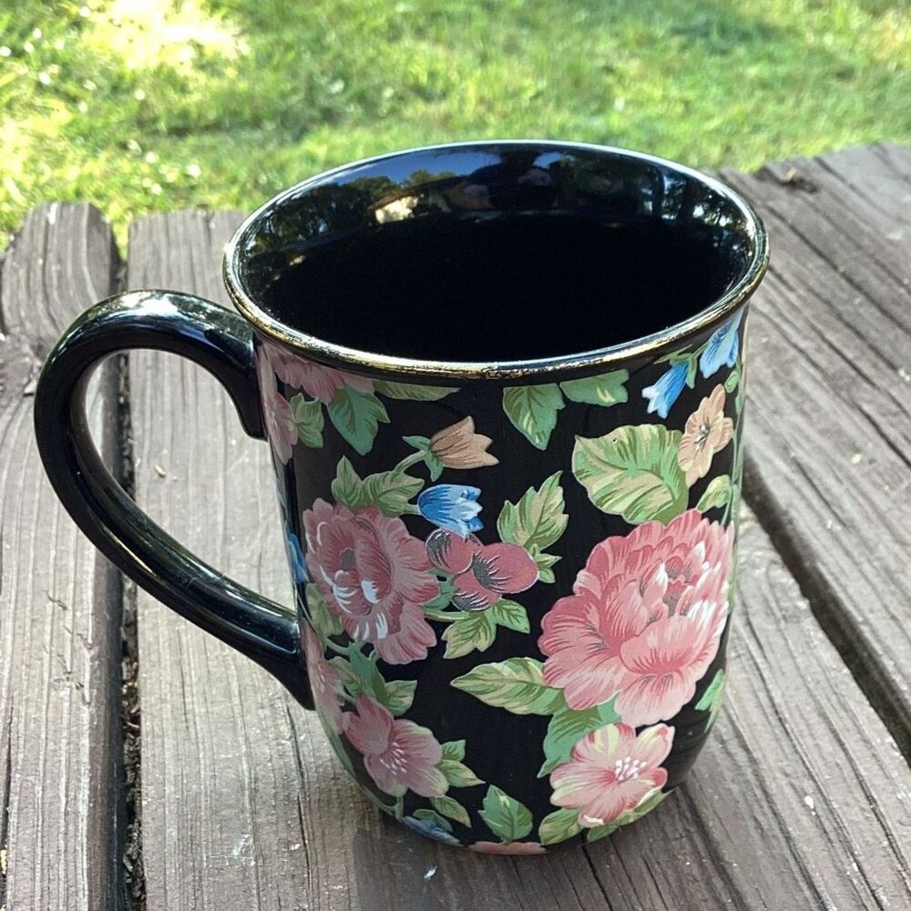 Gibson‎ Floral Garden Black Coffee Mug Large Pink Rose Design Ceramic
